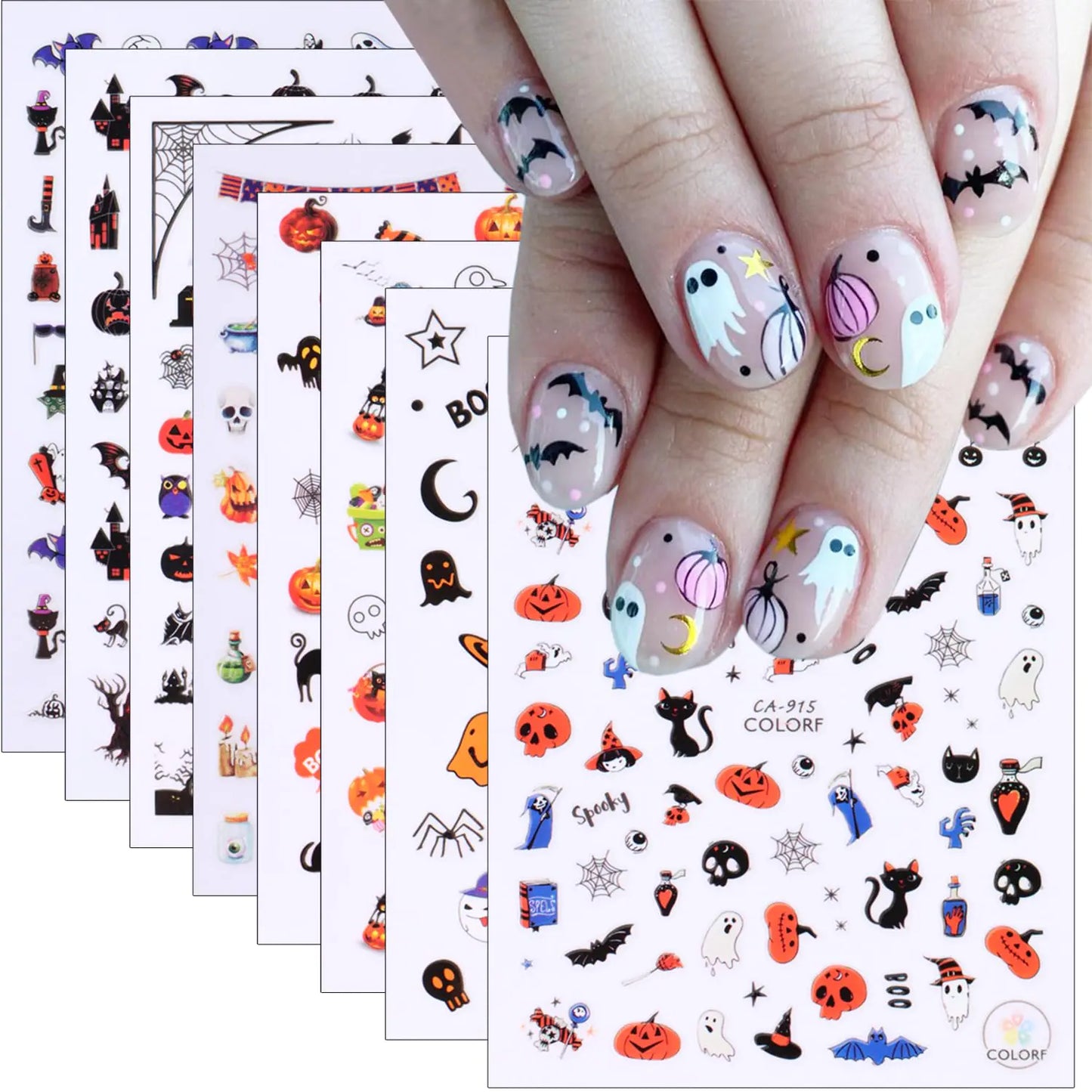 Halloween Nail Stickers for Nail Art 3D Cute Pumpkin Skull Ghost Nail Decals Spooky Design Witch Black Cat Gothic Nail Art Stickers Spider Web Halloween Nail Charms for Nail Decoration Supplies 8Pcs