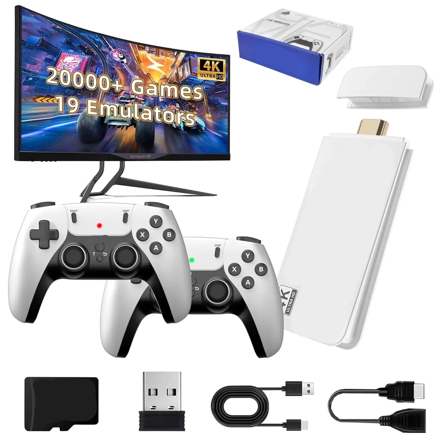 Retro Video Game Console Stick Built in 20000+ Games with 15 EmulatorsPlug Play Video Game Stick4K HD HDMI Output for TV with 2 2.4G Wireless Controllers(64GB Memory Card)