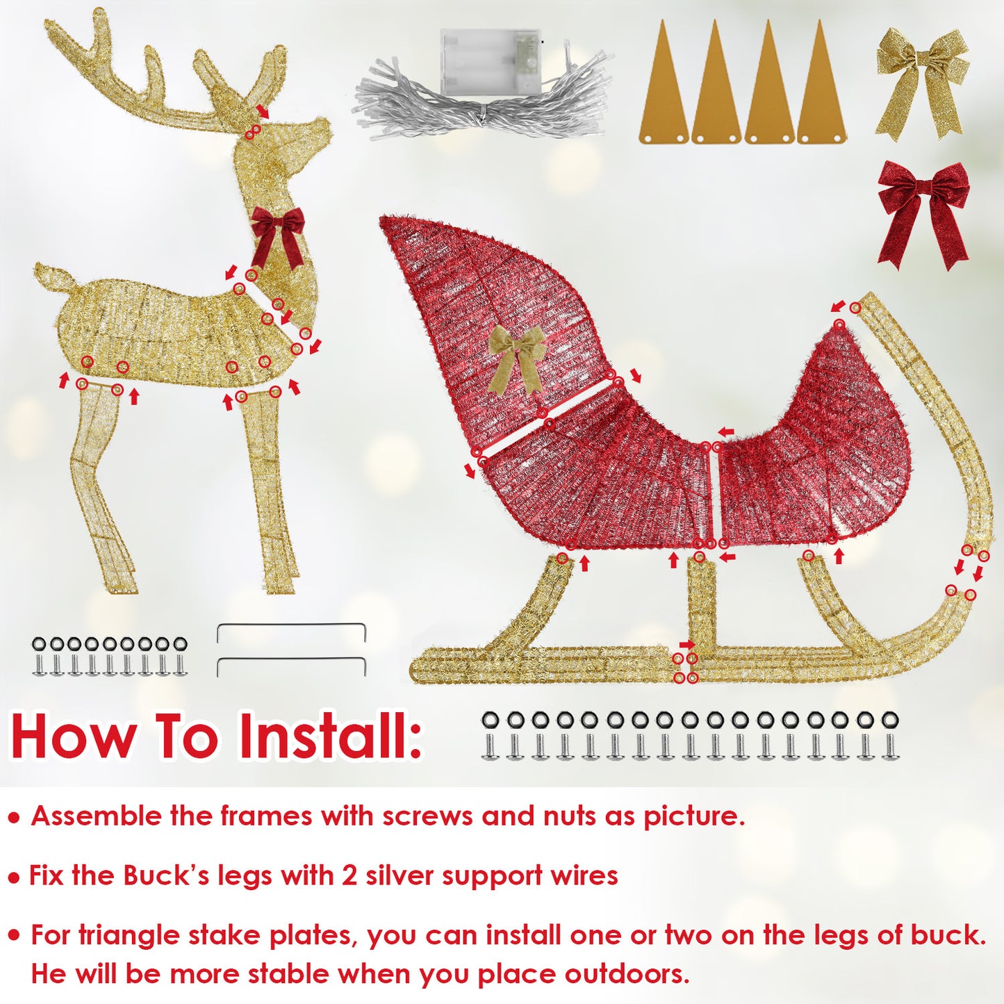 1Pc Lighted Christmas Reindeer & Sleigh Indoor Outdoor Christmas Decoration Christmas Lighted Display With 8 Lighting Modes
