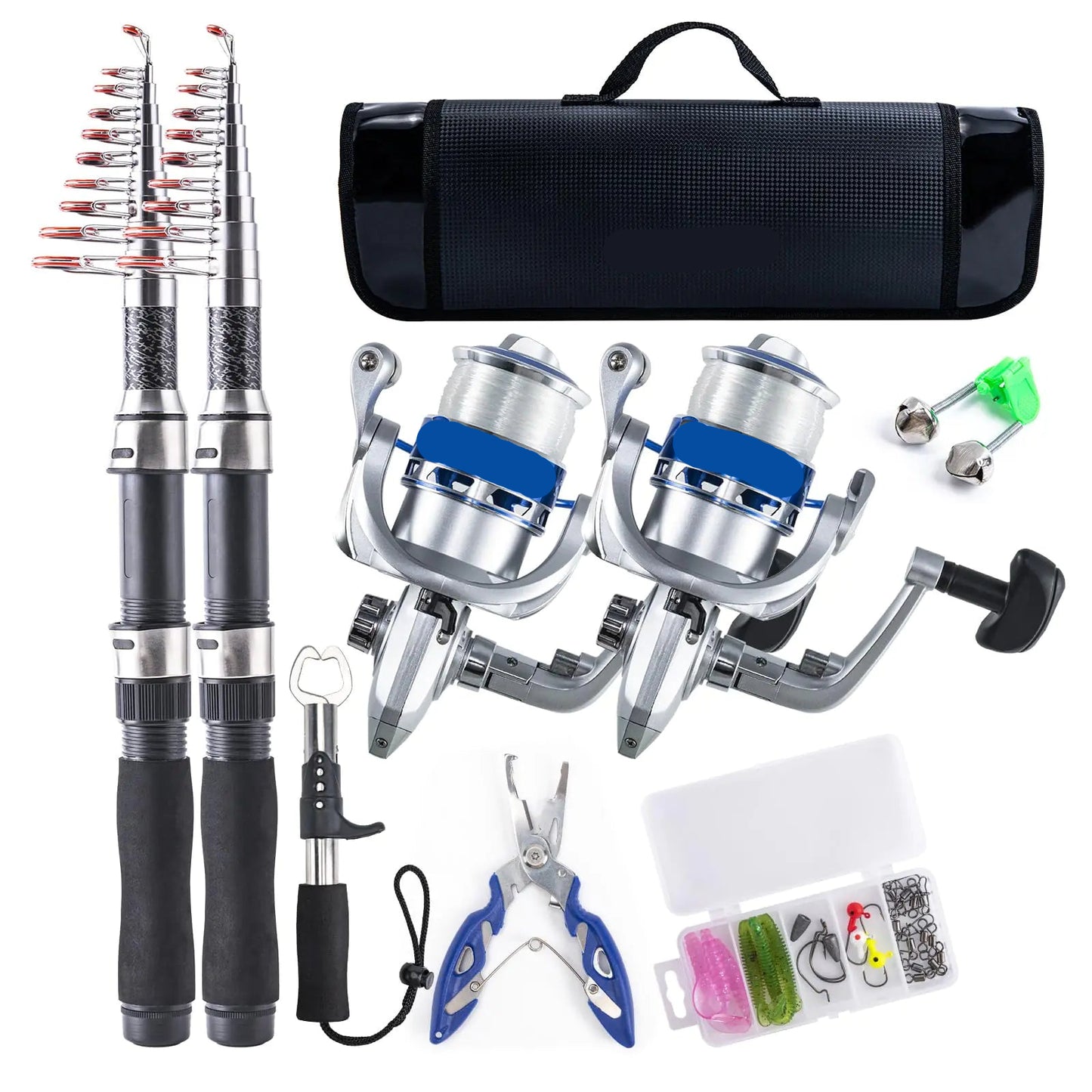 Goture Fishing Rod and Reel Combos-2PCS Telescopic Fishing Pole+2PCS Pre-Loaded Spinning Reels with Carrier BagTelescopic Fishing Rod Fishing Kit for Starter Travel Saltwater Freshwater Fishing Gear