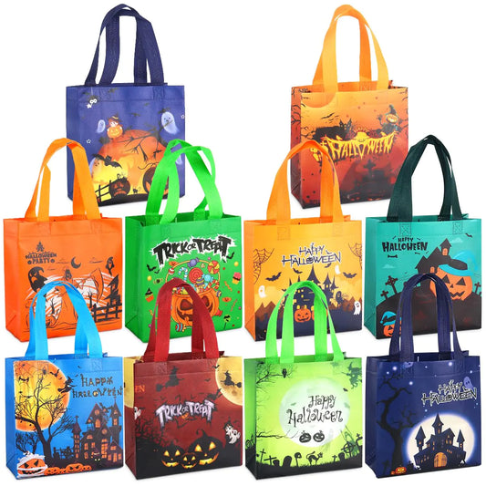 PARSUP 10PCS Halloween BagsHalloween Tote Bags with Handles Gift Bags Multifunctional Non-Woven Halloween Bags for Gifts Wrapping Trick or Treat Halloween Party Supplies 7.9"×7.9"×3.15"