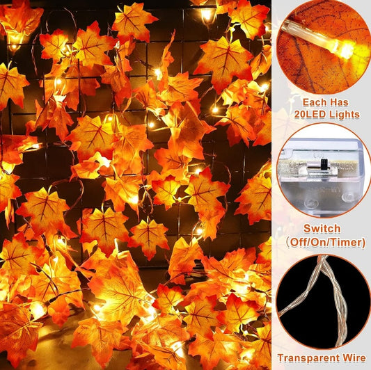 Decorative string lights with leaf design on a grid background, featuring close-up details of LED lights and switch.