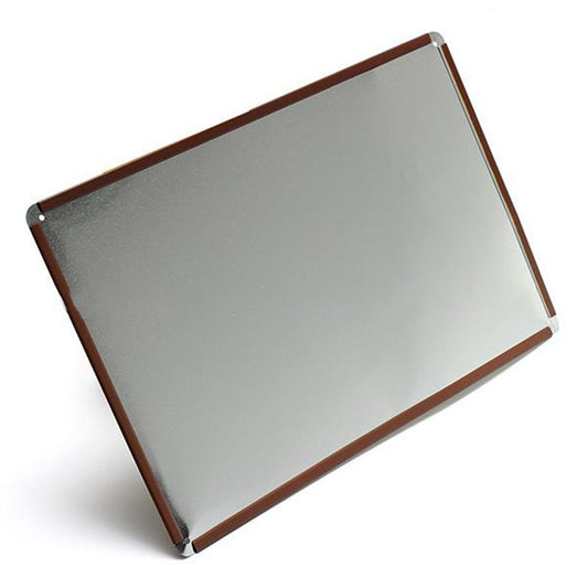 Rectangular metal sign with brown border on a white background