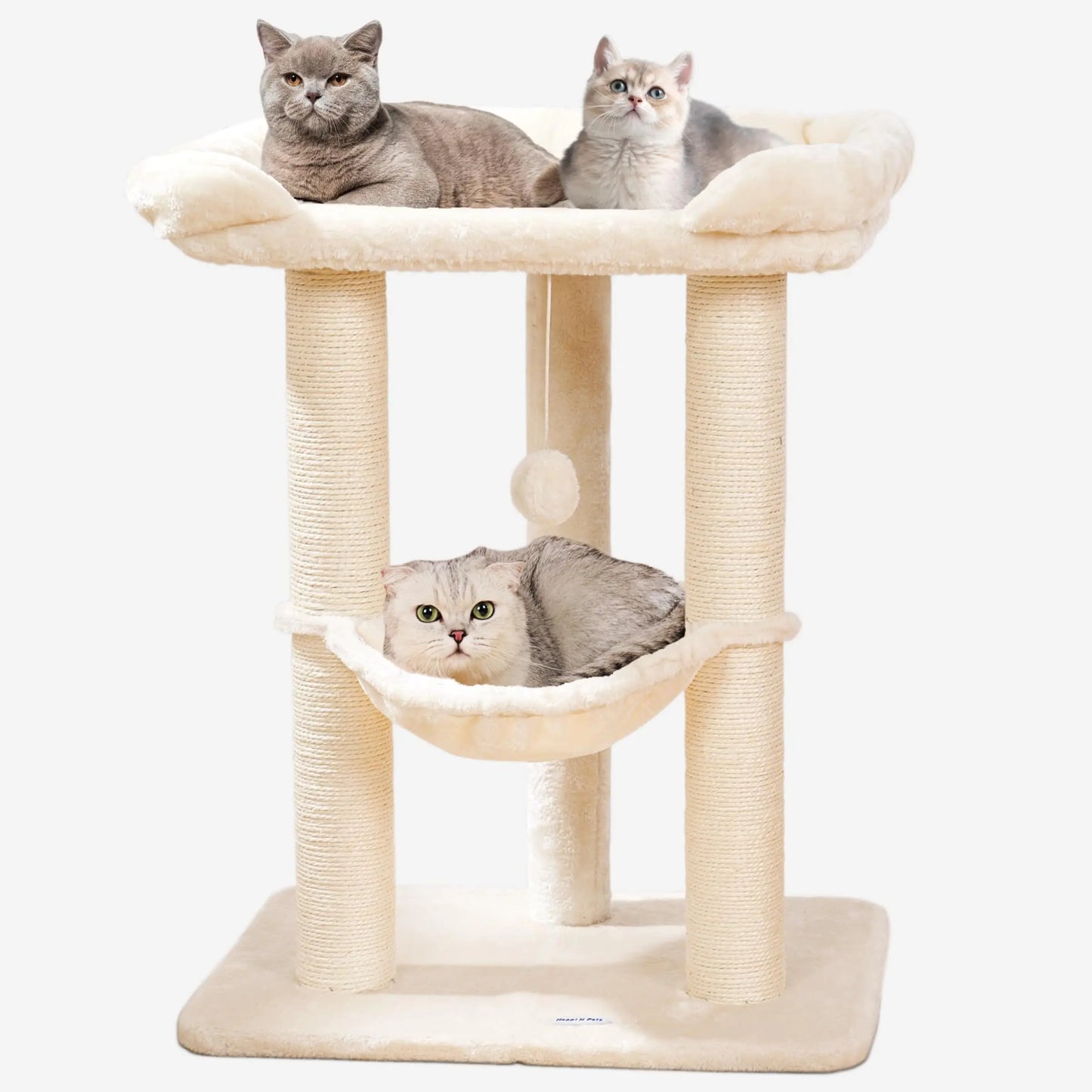 Happi N Pets 28" Large Cat Tree Tower for Indoor Cats Cat Scratch Post with Large Bed for Maine Coon Big Cats Sisal Cat Scratcher with Soft Perch & Hammock Stable Cat Stand Removable Cover-Beige
