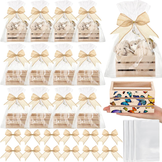 GlikCeil 12 Pcs Gift Basket Empty Kit Small Wood Crates Unfinished Wooden Storage Box Set 12 Bows 12 Clear Treat Bags for Halloween Thanksgiving Christmas Craft Gift Basket Home Decor(Wood Color)