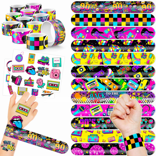 48PCS 90s & 80s Party Favors - 24PCS Tattoos & 24PCS Slap Bracelets Retro 90s Birthday Party Supplies Decorations Ideal for Kids’ Classroom Prizes & Rewards for Boys & Girls
