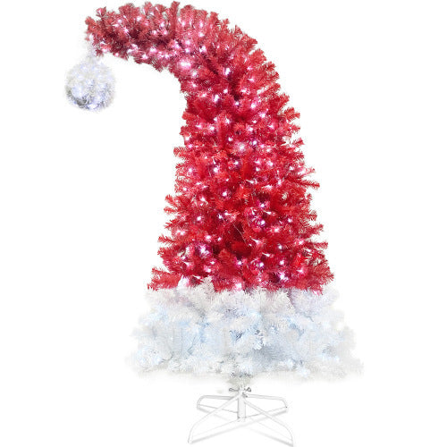 Red and white Christmas tree shaped like a candy cane on a white background