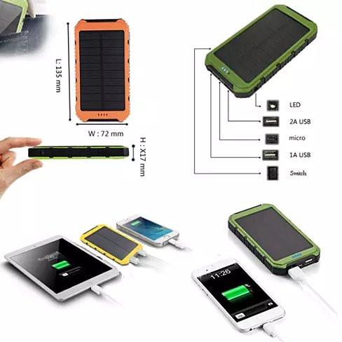 Solar-powered portable charger with charging capabilities on a white background