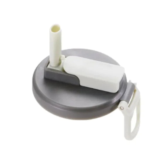 Gray lid with a white straw and handle on a white background