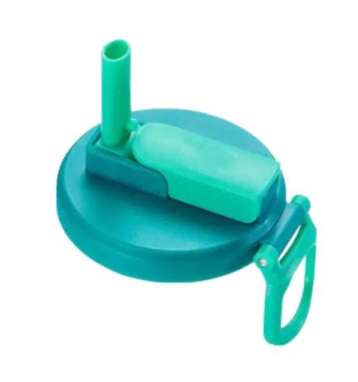 Teal lid with straw and handle on a white background