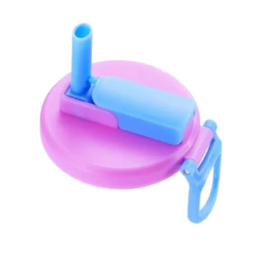 Pink and blue lid with a straw on a white background