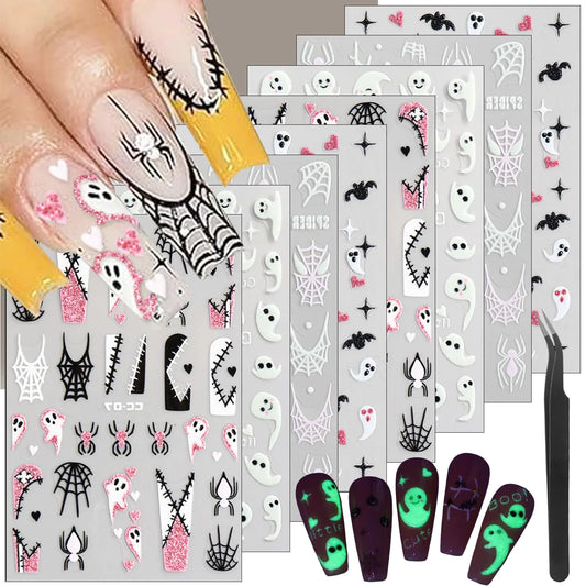 8 Sheets Halloween Nail Stickers for Nail Art with Tweezers 3D Self-Adhesive Ghost Nail Art Stickers Design Spider Bat and Spider Web Nail Decals Cute Halloween Nail Supplies for Women Girls