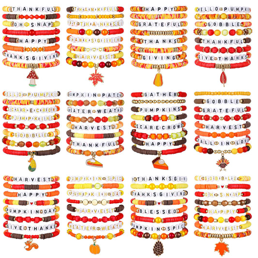 Ecation 96 Pcs Thanksgiving Bracelets Set Fall Party Favors Bracelet Thanksgiving Friendship Bracelets Bulk Autumn Charm Stretch Bracelets Adjustable Flat Beaded Bracelet for Friend Gifts