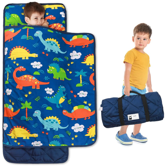 Toddler Nap Mat with Removable Pillow 100% Cotton Portable Kids Sleeping Mats for Daycare Preschool 21" x 53" Lightweight and Soft Sleeping Bags-Dinosaur