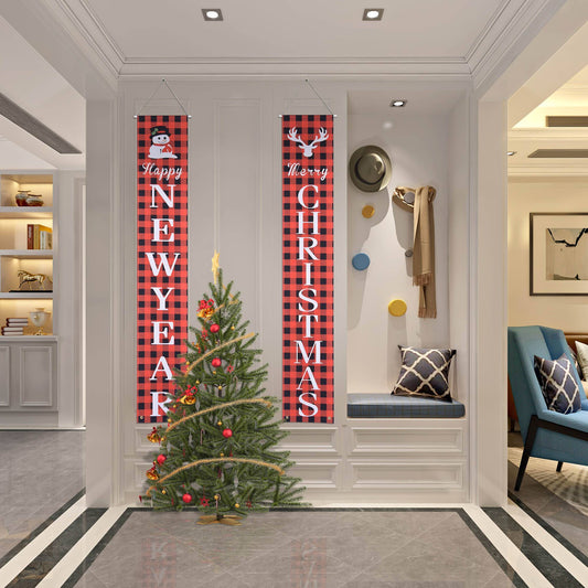 Decorative Christmas tree with 'Happy New Year' and 'Merry Christmas' banners in a home interior.