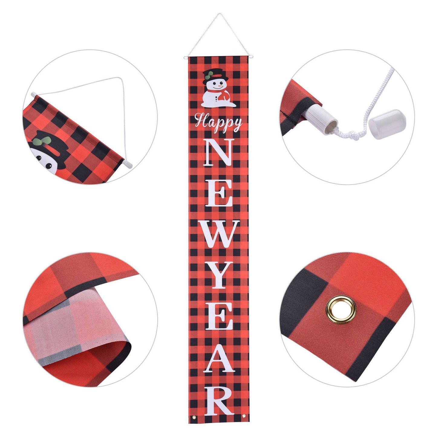 Red and black checkered New Year's banner with snowman design on a white background