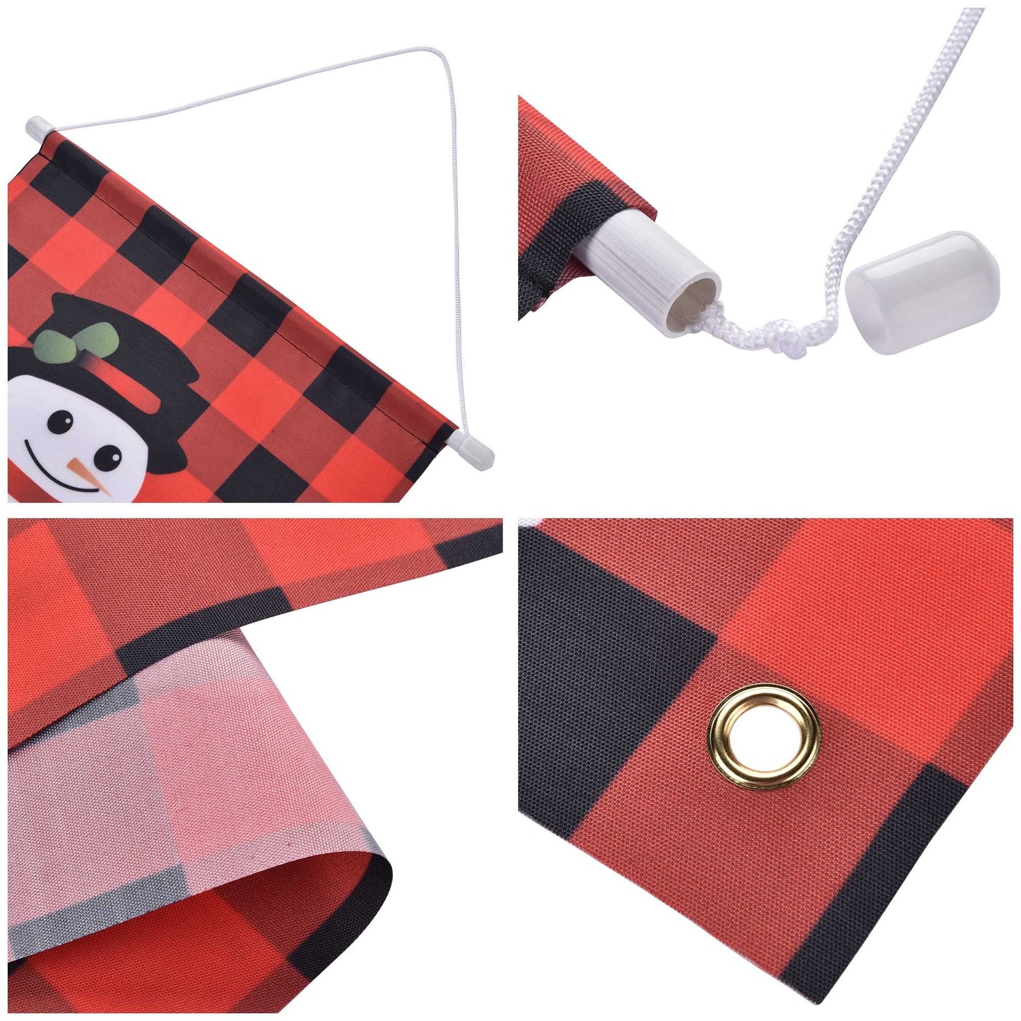 Red and black checkered fabric with snowman design, grommet, and white rope on a white background.