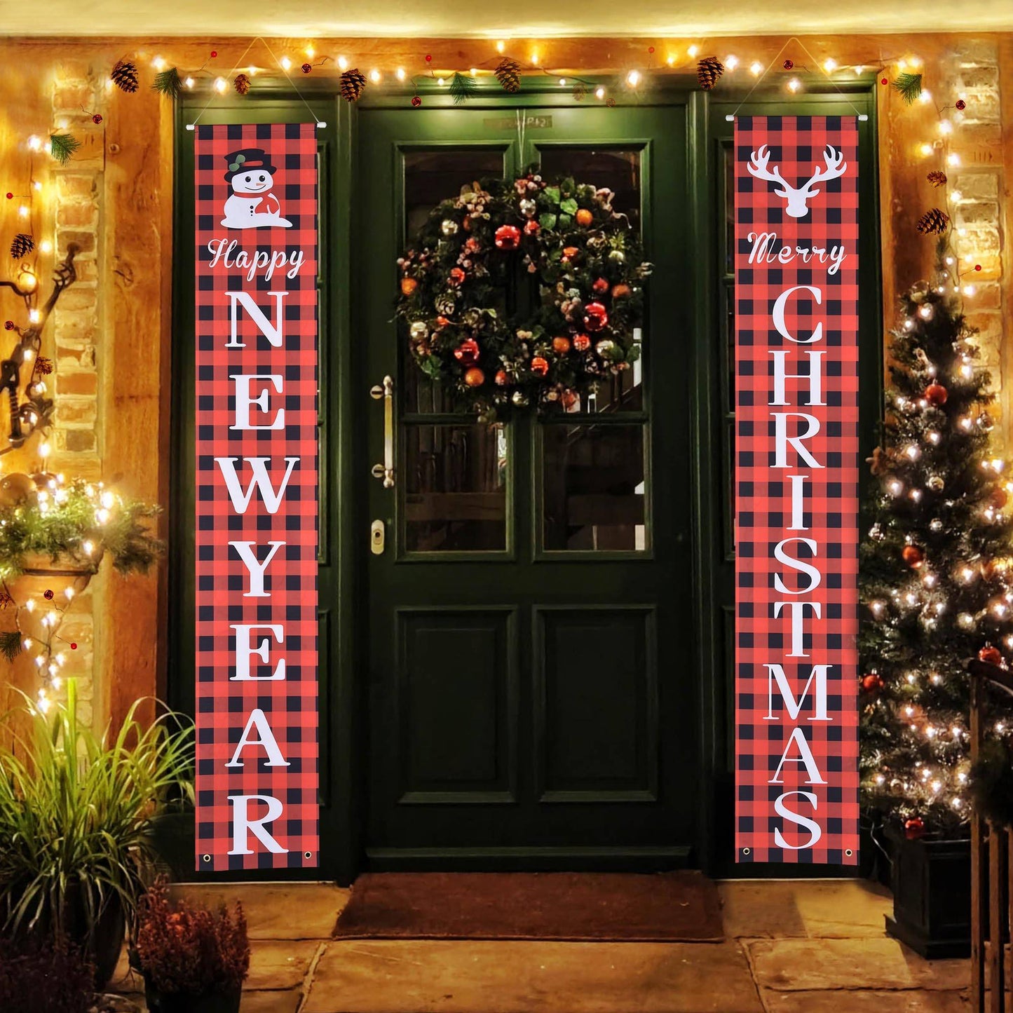 Decorative Christmas door with red plaid banners, wreath, and lights.