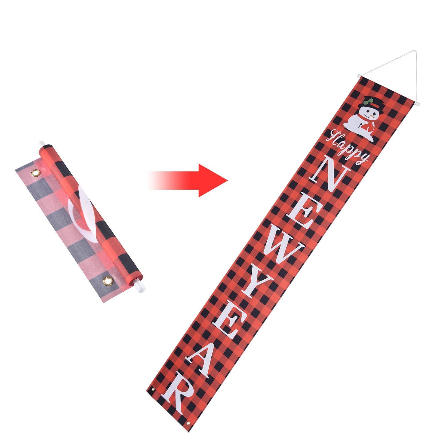 Red and black checkered Happy New Year banner with snowman design on a white background