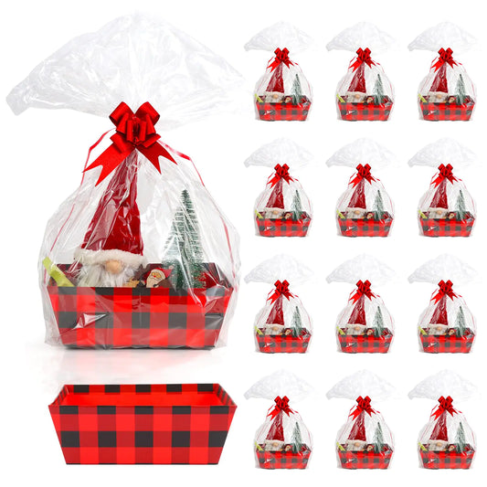 Kolewo4ever 36Pcs 12 Pack Valentiens Basket Gift Set 8x10 Gifts Baskets for Gifts Empty to Fill with Basket Empty Basket Bags Red Pull Bows for Christmas Holiday (Red and Black Plaid)