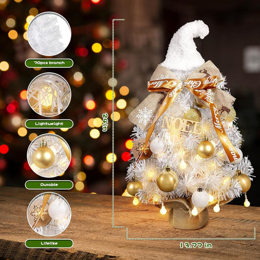 24 - Inch Snowy Christmas Tree. Golden Balls, Ribbons & Festive Hat