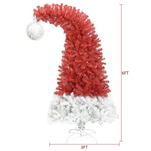 6FT Hinged Fir Artificial Fir Bent Top Christmas Tree, Xmas Tree Bendable Santa Hat Style Christmas Tree Holiday Decoration,1250 Branch Tips, 300 LED Lights X-mas