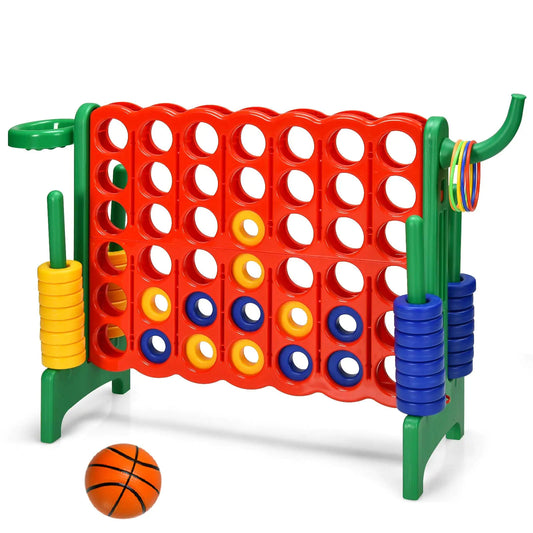Costzon Giant 4-in-A-Row Jumbo 4-to-Score Giant Game w/Basketball Hoop Ring Toss Quick-Release Slider 42 Jumbo Rings Indoor Outdoor Family Connect Game for Kids & Adults Backyard Games Green
