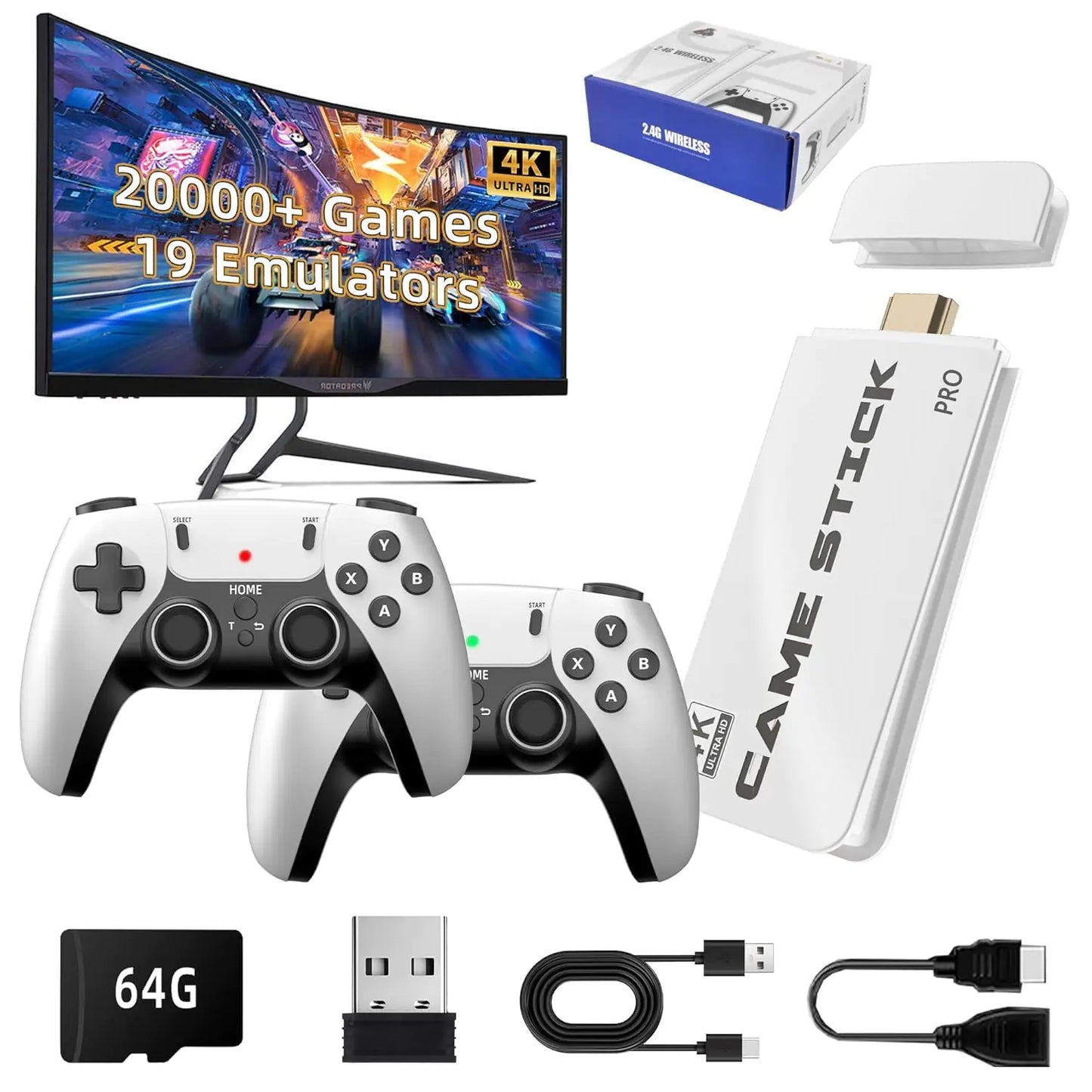 Retro Video Game Console Stick Built in 20000+ Games with 15 EmulatorsPlug Play Video Game Stick4K HD HDMI Output for TV with 2 2.4G Wireless Controllers(64GB Memory Card)