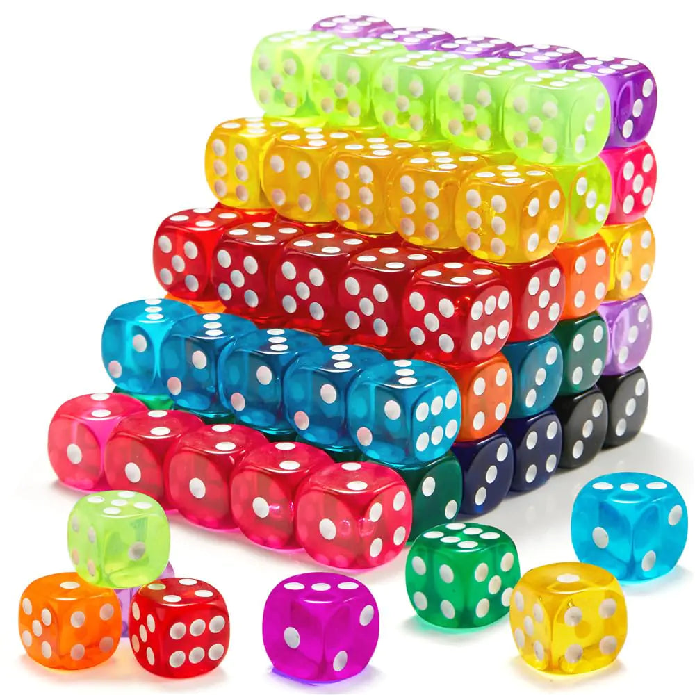Riaaorr 100 Pieces 16MM Colored Dice Set Standard Bulk Colors Dices Classroom Dice Translucent 6 Sided Games Dice for Board Games Parties Classroom Math Games