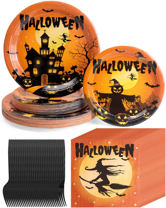 Lzerking Halloween Party Supplies 120 Pcs Serves 30 Party Plates and Napkins with Plastic Forks Halloween Disposable Tableware for Spooky Halloween Decor Orange Pumpkin and Ghost