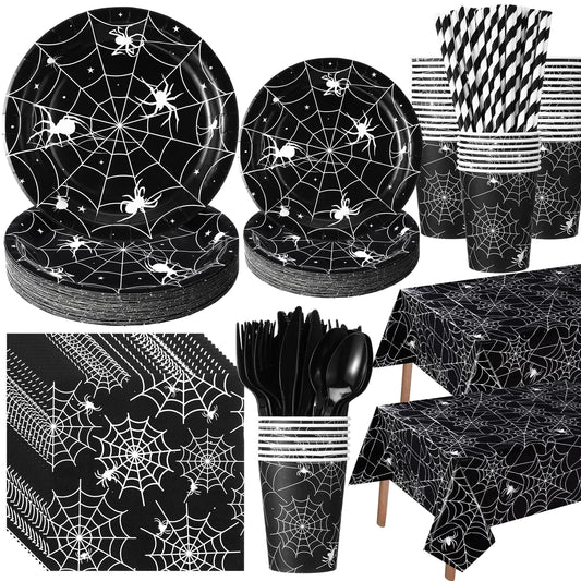 Funnymoom 452 Pcs Halloween Spiderweb Party Supplies Tableware for 50 Guests Include 7&9 Inch Black Spider Web Paper Plates Napkins Cups Tablecloth Cutlery Straws for Spiderweb Birthday Party Decor