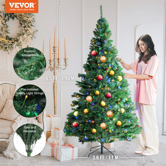 VEVOR Christmas Tree, 6.5ft Prelit Artificial Xmas Tree, Full Holiday Decor Tree With 450 Multi-Color LED Lights, 1227 Branch Tips, Metal Base For Home Party Office Decoration