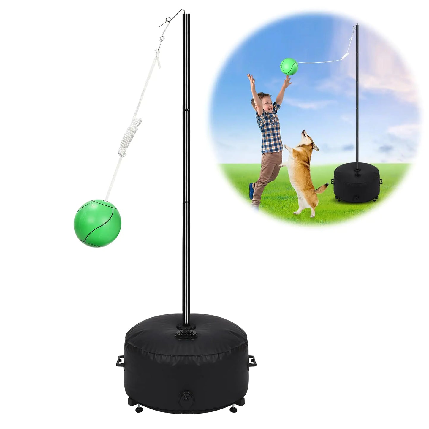 GADFISH Heavy Duty Tetherball Set with Ball & Rope Adjustable Height Tether Ball Poles Upgraded Stand Base Family Fun Activity Portable Tetherball Set for Indoor & Outdoor Backyard Lawn Beach