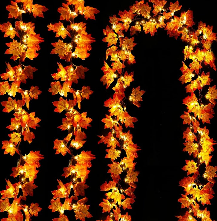 Decorative string lights shaped like a heart with leaf patterns on a black background