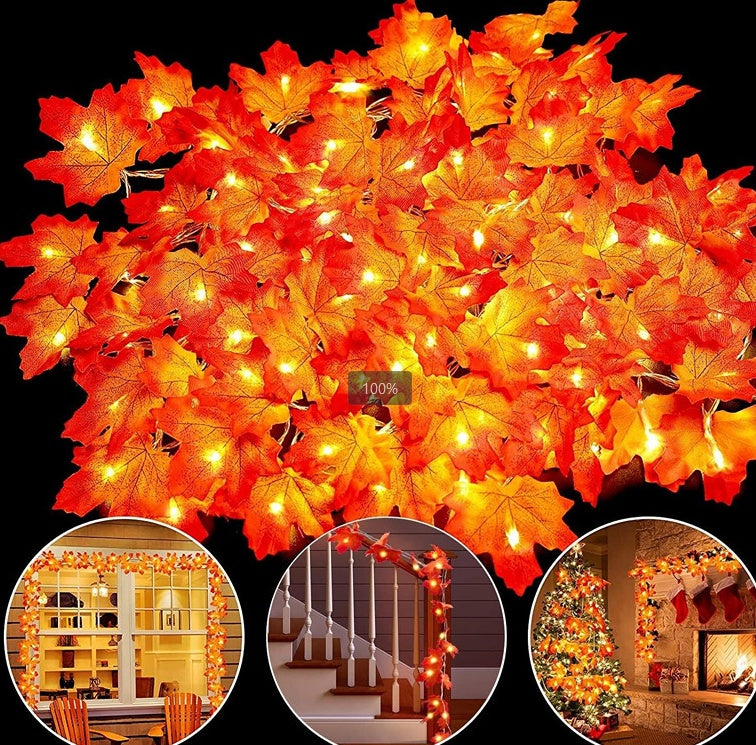 Decorative string lights with leaf design in orange and yellow, shown in various settings.