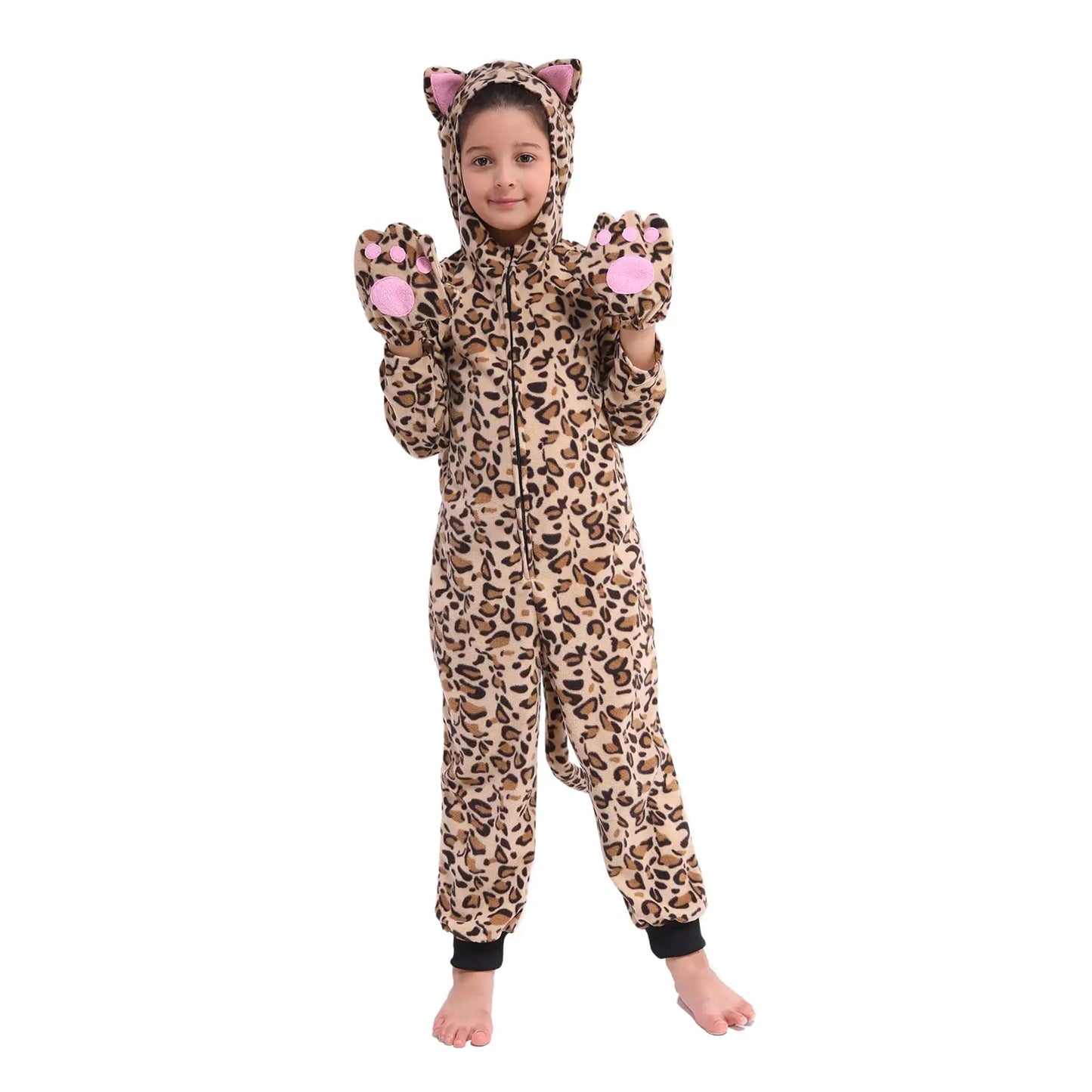 Sincere Party Fleece Cat Onesie Costume Leopard Cat Halloween Costume for Kids M(6-8)