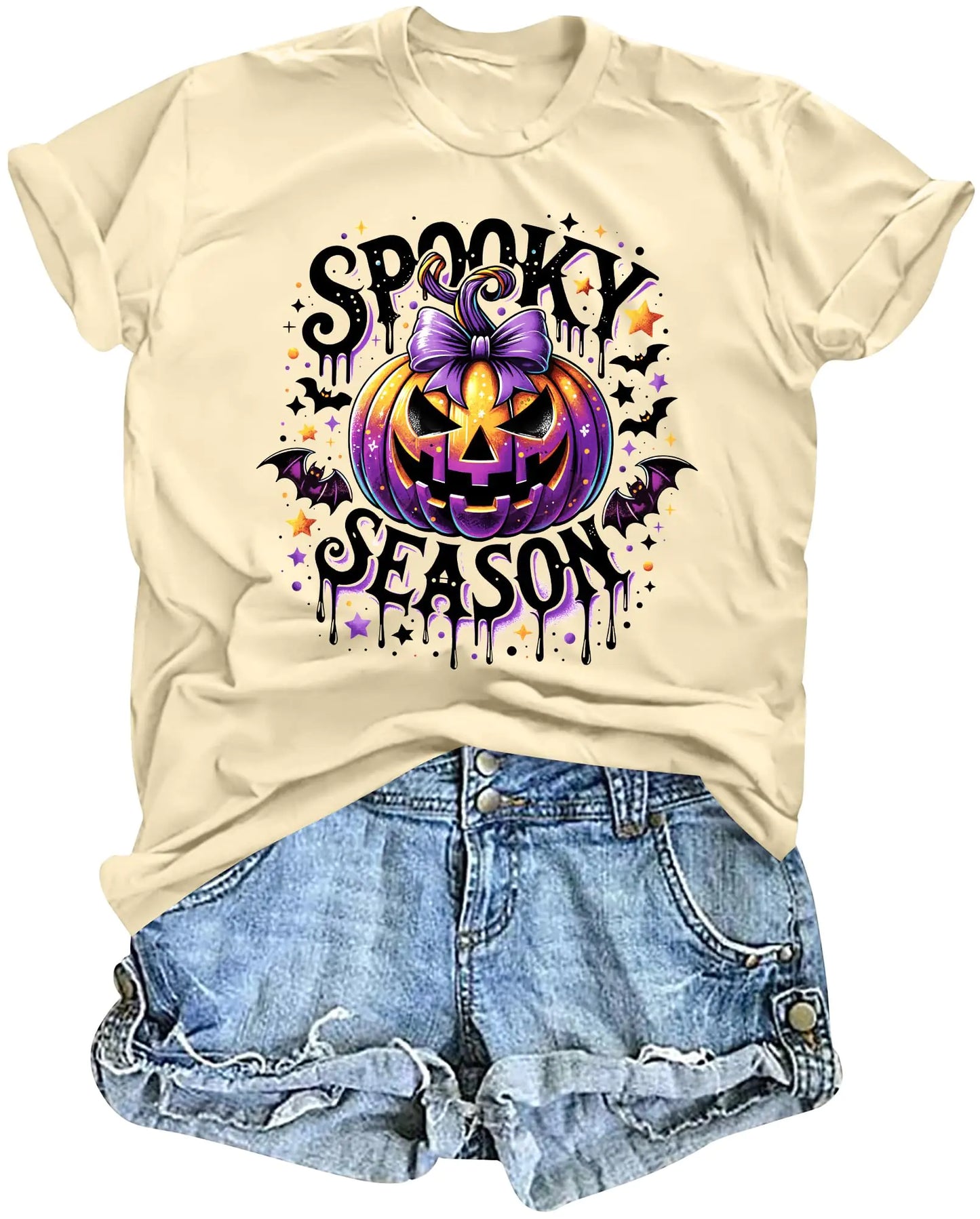 LAZYCHILD Halloween Shirt Women Leopard Bow Pumpkin Graphic Tees Funny Cute Halloween Short Sleeve Fall Tops