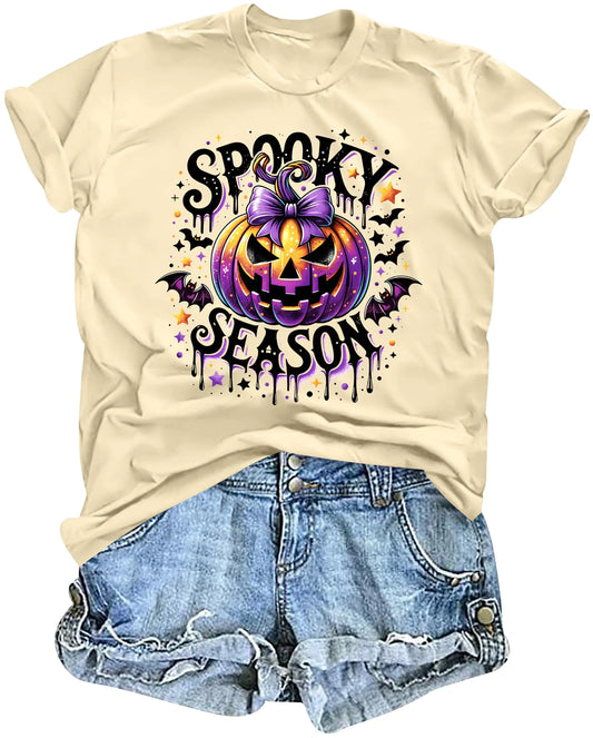 LAZYCHILD Halloween Shirt Women Leopard Bow Pumpkin Graphic Tees Funny Cute Halloween Short Sleeve Fall Tops