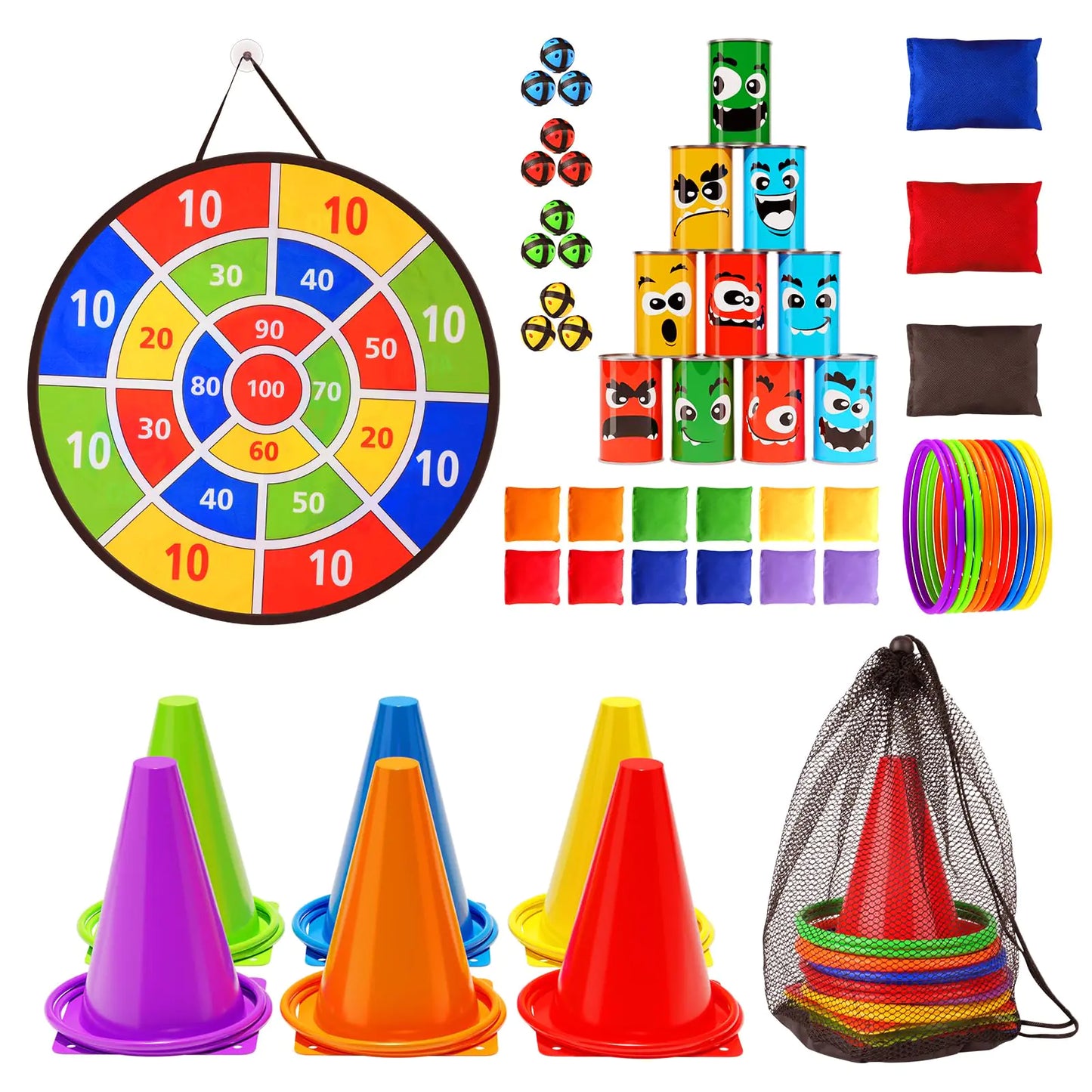 58PCS Carnival Games Combo Set Dart Board Games Knock Down Can Games Bean Bag Toss Game Party Games Indoor Outdoor Birthday Party Games Fall Festival Field Day Games For Kids Adults Yard Games