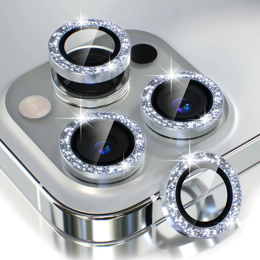 Choiche [3+1 for iPhone 13 Pro/iPhone 13 Pro Max Camera Lens Protector Bling 9H Tempered Glass Camera Cover Screen Protector Metal Ring Decoration Accessories (Glitter-Silver)