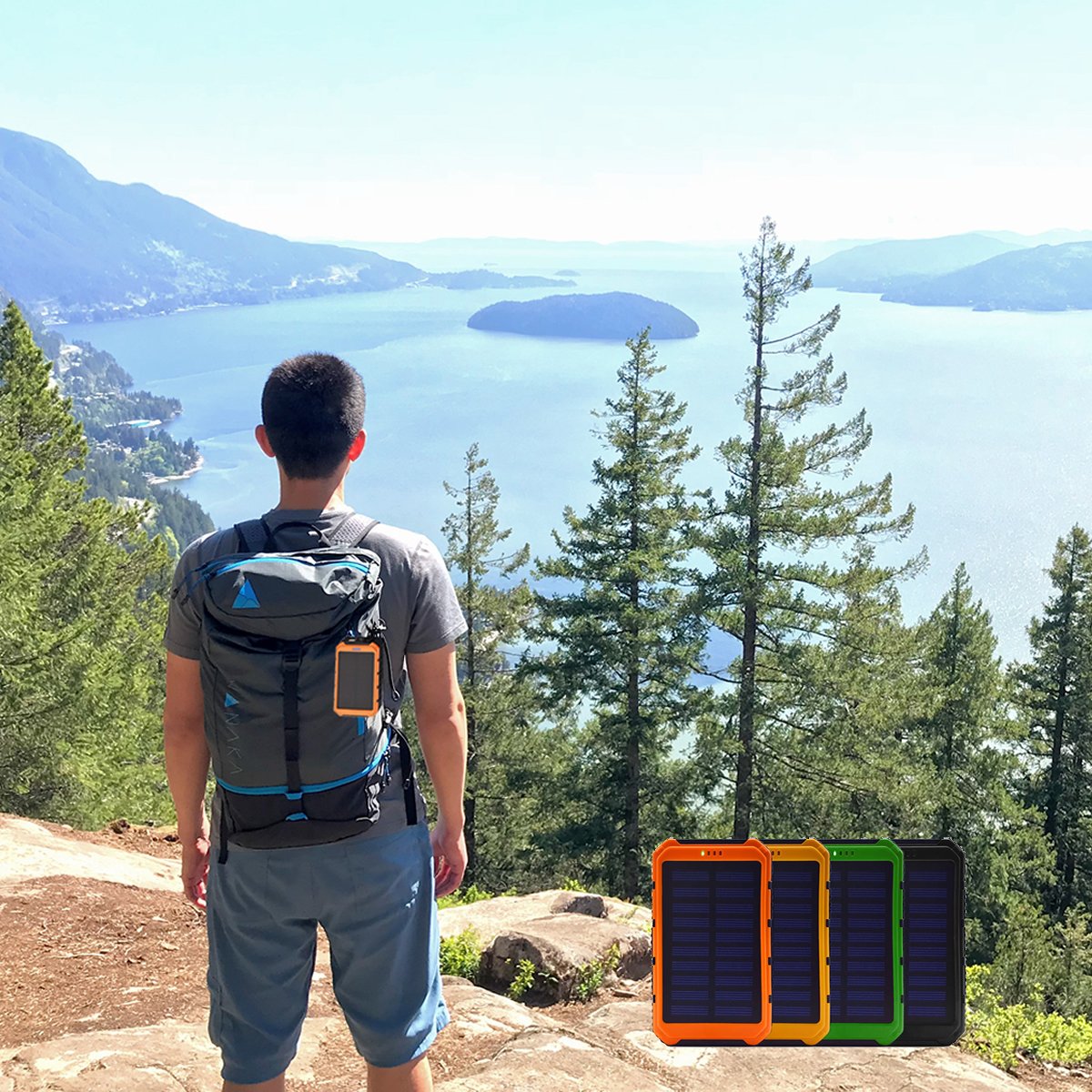 Person with a backpack featuring a solar panel in a scenic outdoor setting