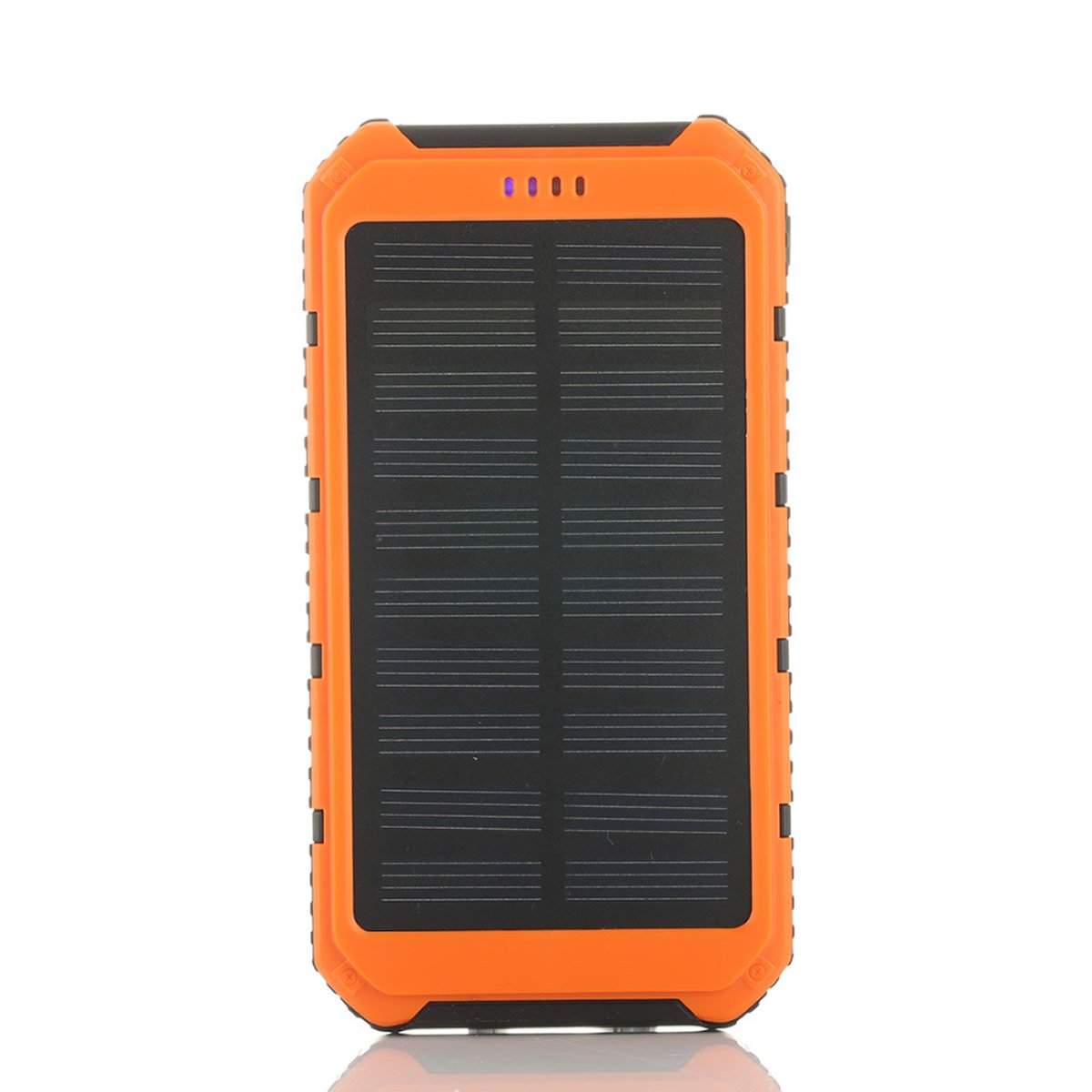 Orange solar power bank with black panel on a white background