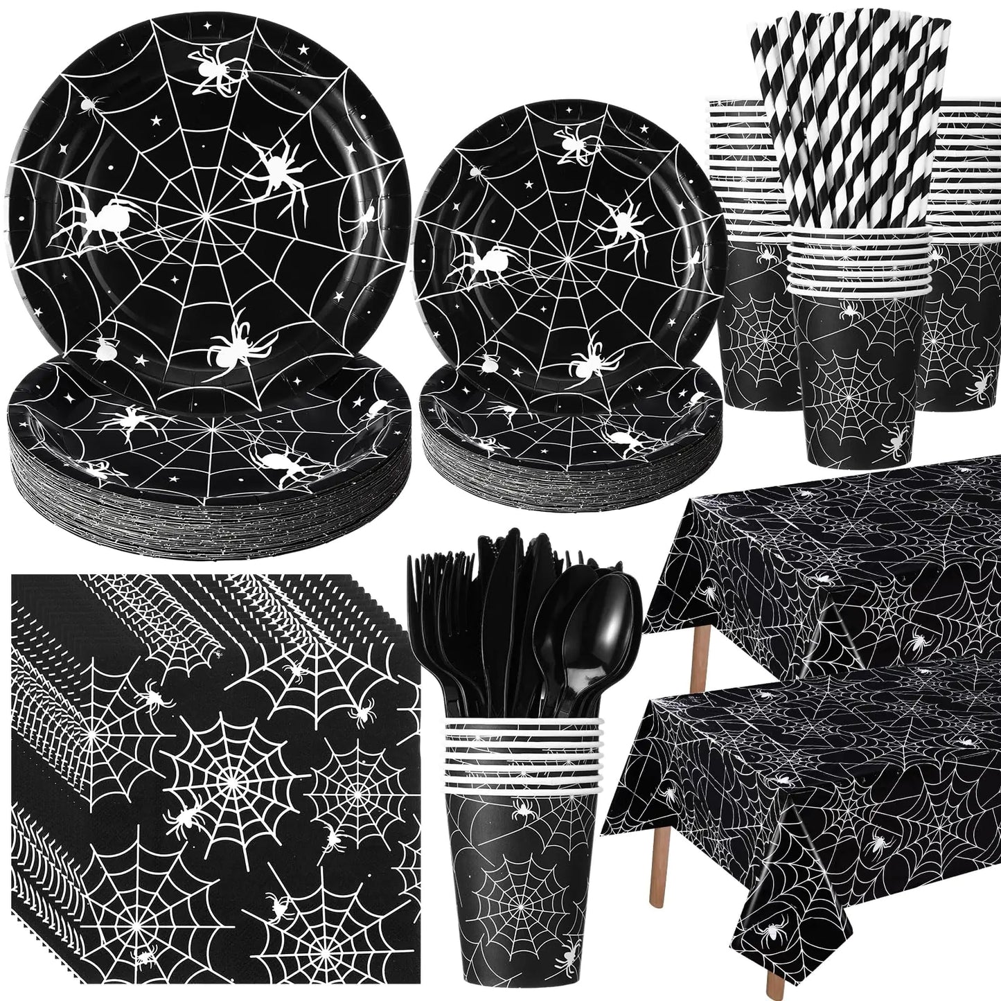 Funnymoom 452 Pcs Halloween Spiderweb Party Supplies Tableware for 50 Guests Include 7&9 Inch Black Spider Web Paper Plates Napkins Cups Tablecloth Cutlery Straws for Spiderweb Birthday Party Decor