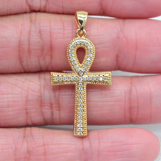 High Quality Gold Color Clear Cubic Zirconia Egyptian Ankh Cross Pendant Jewelry