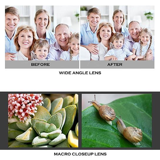 Comparison of wide angle lens and macro closeup lens effects on family photos and nature images.