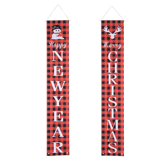 Two red and black checkered banners with Christmas-themed text on a white background.