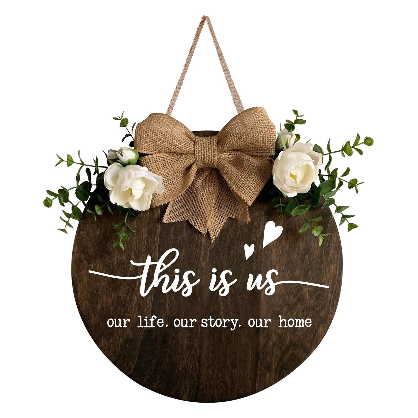 MayAvenue This is Us Wreaths Decor Sign Front Door Round Wood Hanging Sign with Ribbon Bow and Artificial Green Leaves Farmhouse Porch Decorations for Home Thanksgiving Brown