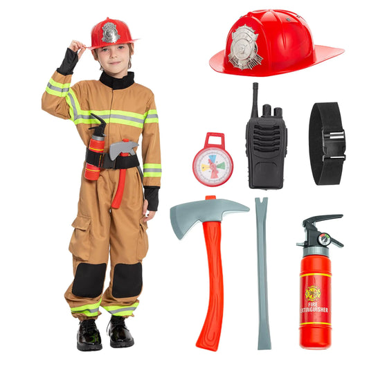 JAZGROM Kids Firefighter Costume for Toddler Fireman Boys Halloween Costumes Dress Up with Accessories Role Play Unisex Brown