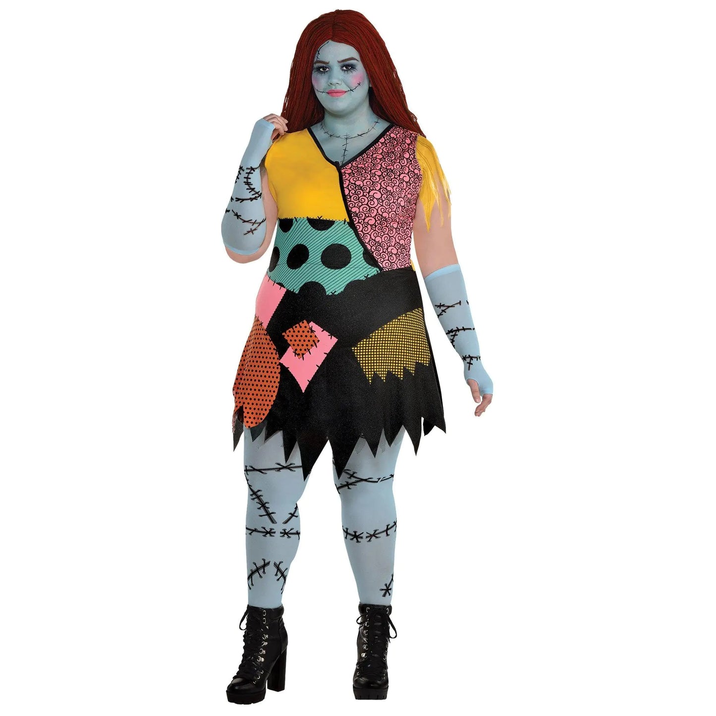 Party City Sally Costume for Women The Nightmare Before Christmas - Costume Includes Patchwork Dress Red Wig Arm Warmers & Tights - Costumes for Halloween Birthday Parties & Themed Event